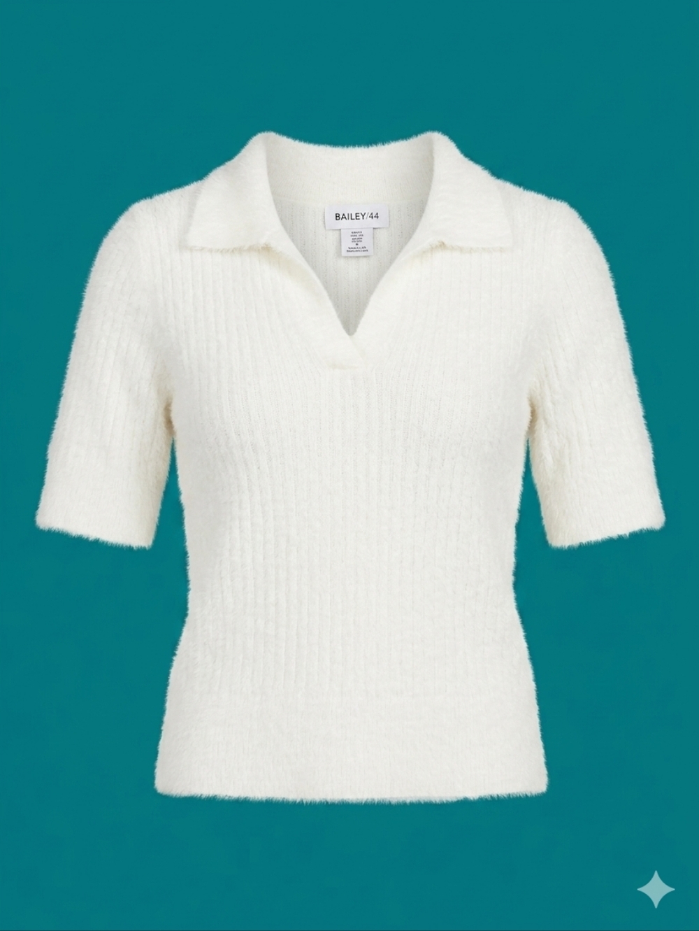 Bailey44 Cream White Fuzzy Short Sleeve Polo V Necm Sweater Size M